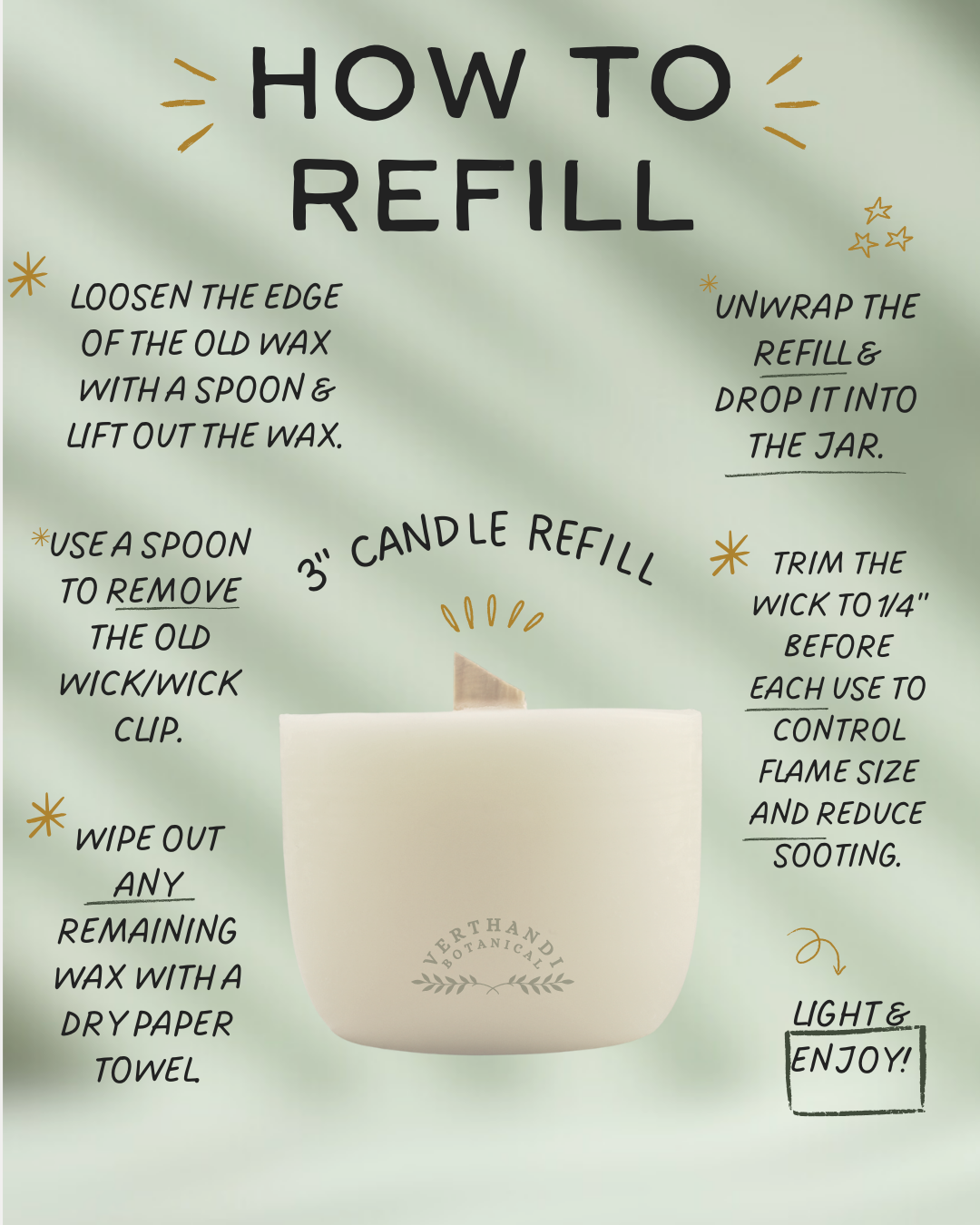 Instructions on how to refill a candle with a light background