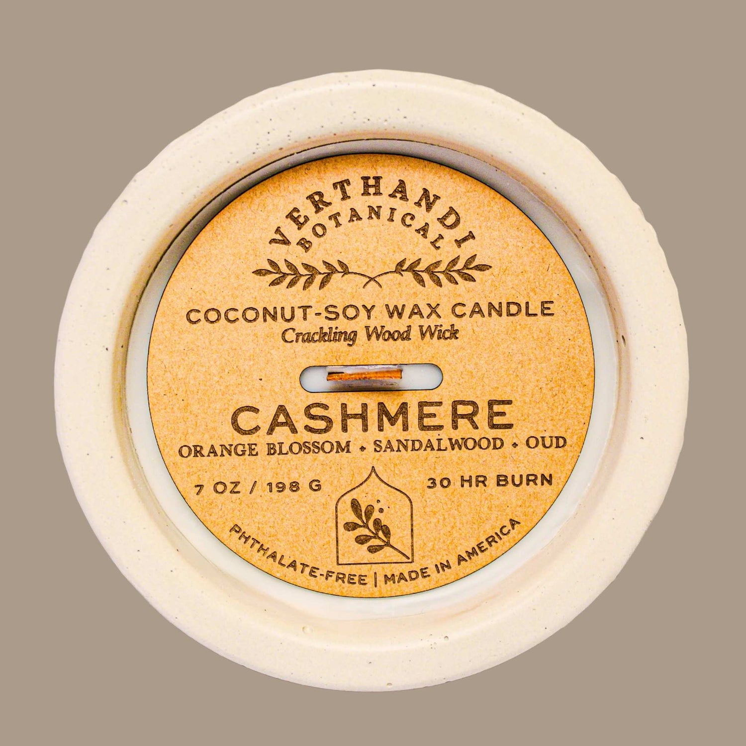 cashmere scented candle in refillable concrete jar with Kraft dust cover - orange blossom, sandalwood, oud scented candle
