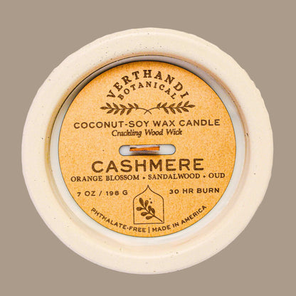 cashmere scented candle in refillable concrete jar with Kraft dust cover - orange blossom, sandalwood, oud scented candle