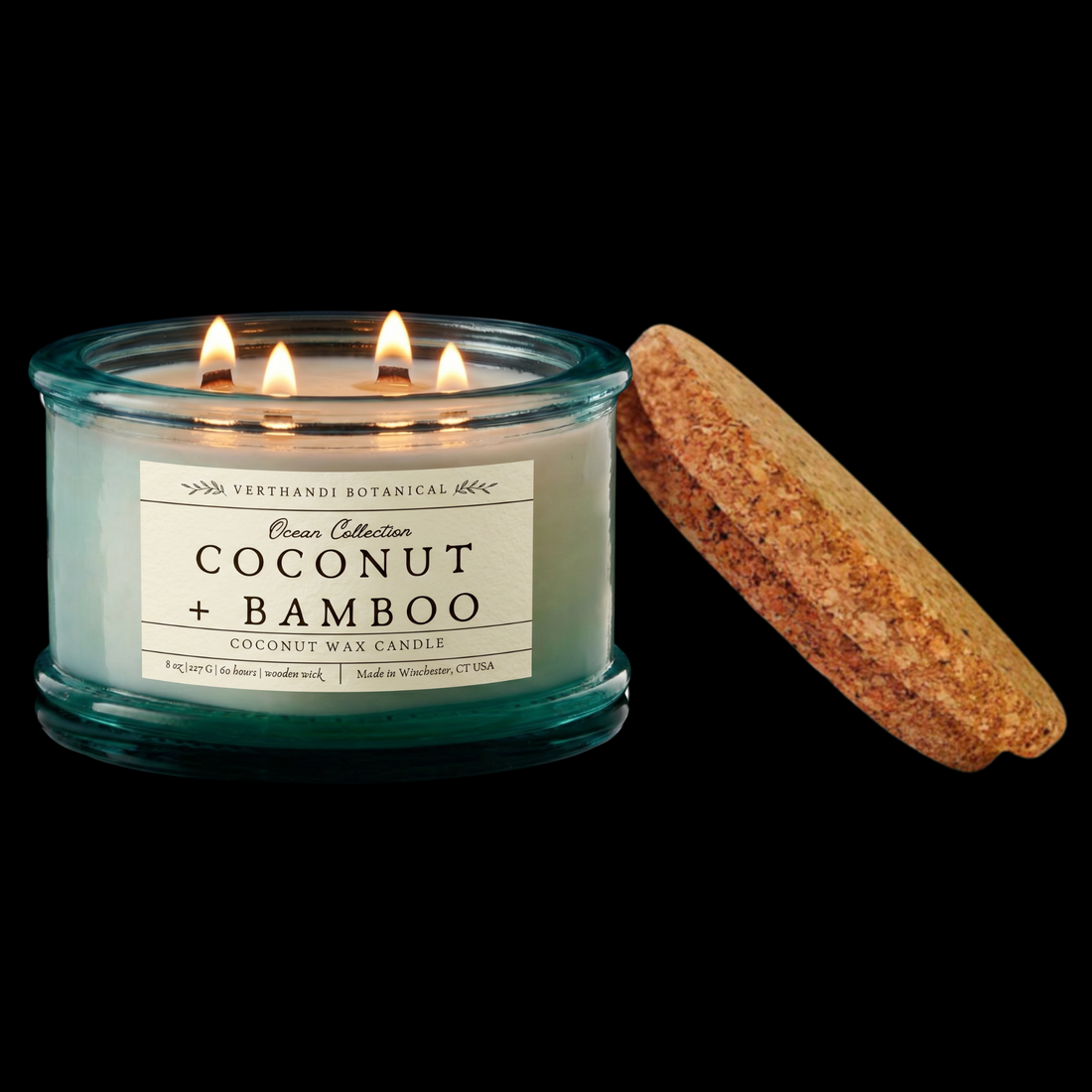 Coconut and bamboo scented candle in a recycled glass jar with cork lid. coconut wax and a crackling wood wicks. part of Verthandi Botanical&