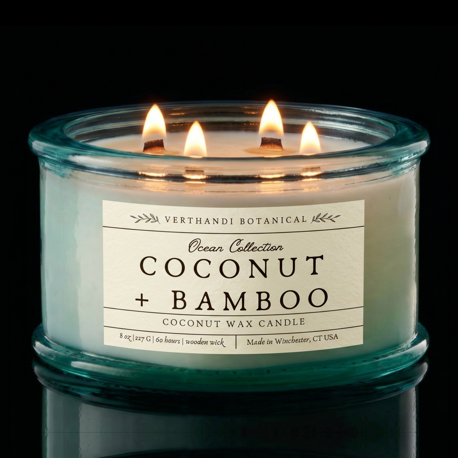 Coconut and bamboo scented candle in a recycled glass jar -  coconut wax and a crackling wood wicks. part of Verthandi Botanical&