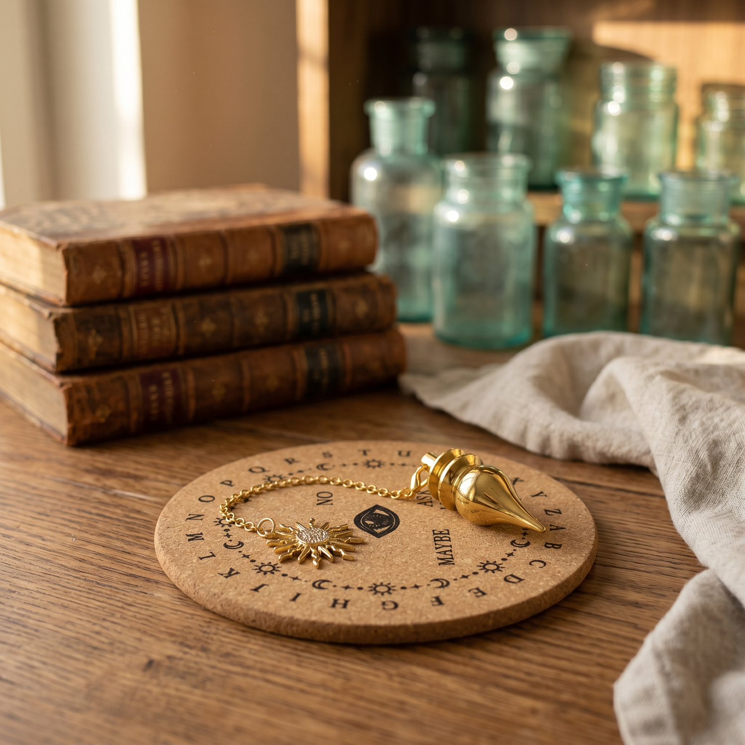 Copper Pendulum ritual tool on engraved natural cork coaster by Verthandi Botanical