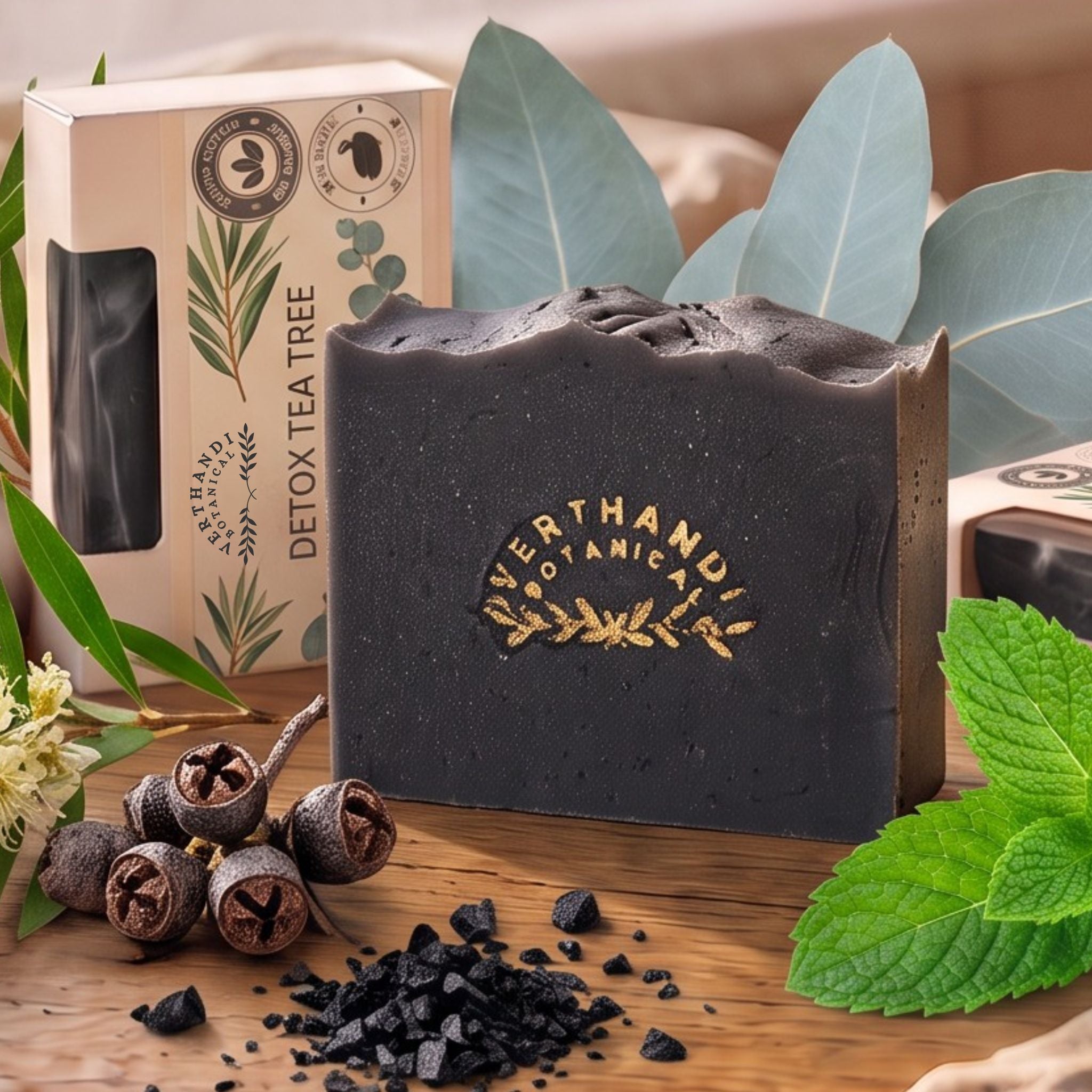 Detox Charcoal Natural Soap made with activated charcoal and scented with pure essential oils of tea tree and eucalyptus main product image with packaging