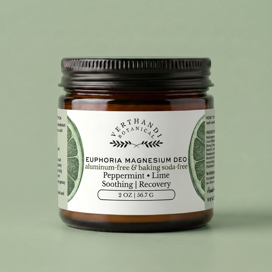 Euphoria Magnesium Deo Cream by Verthandi Botanical is aluminum-free and in a glass jar with metal lid