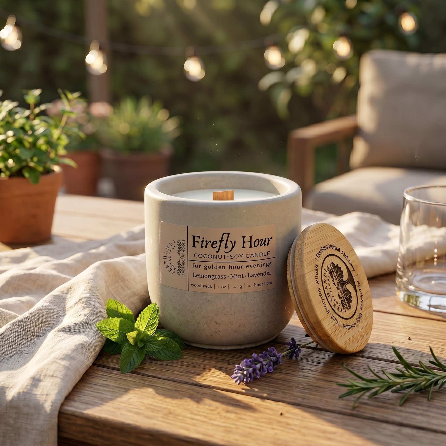 Firefly Hour Outdoor candle by Verthandi Botanical lifestyle shot
