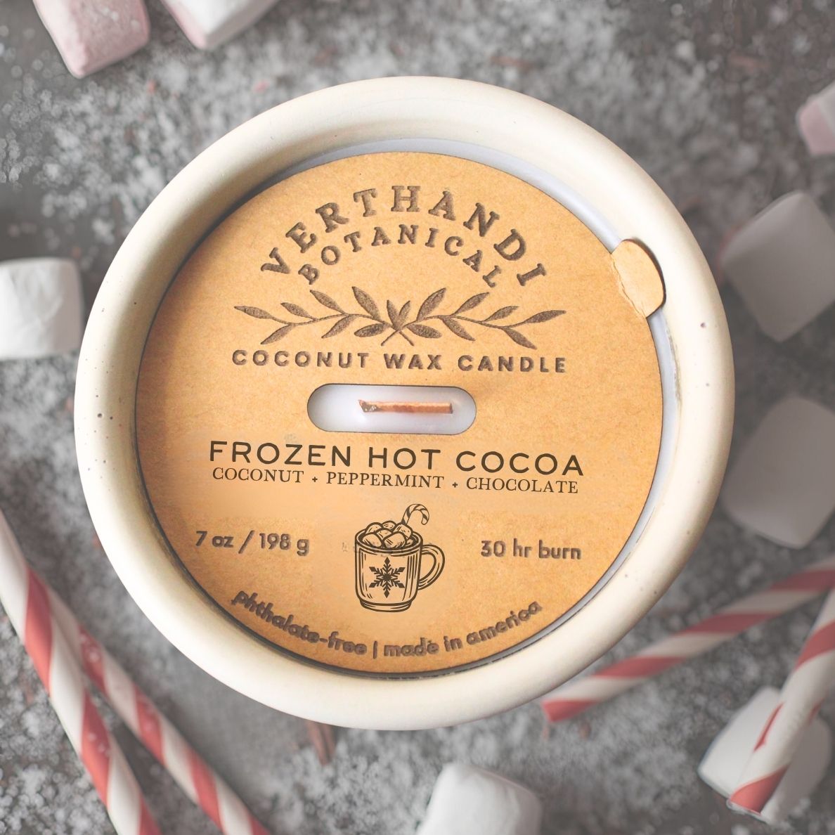 frozen hot cocoa scented candle with crackling wood wick, top view of dust cover, chocolate peppermint scented candle