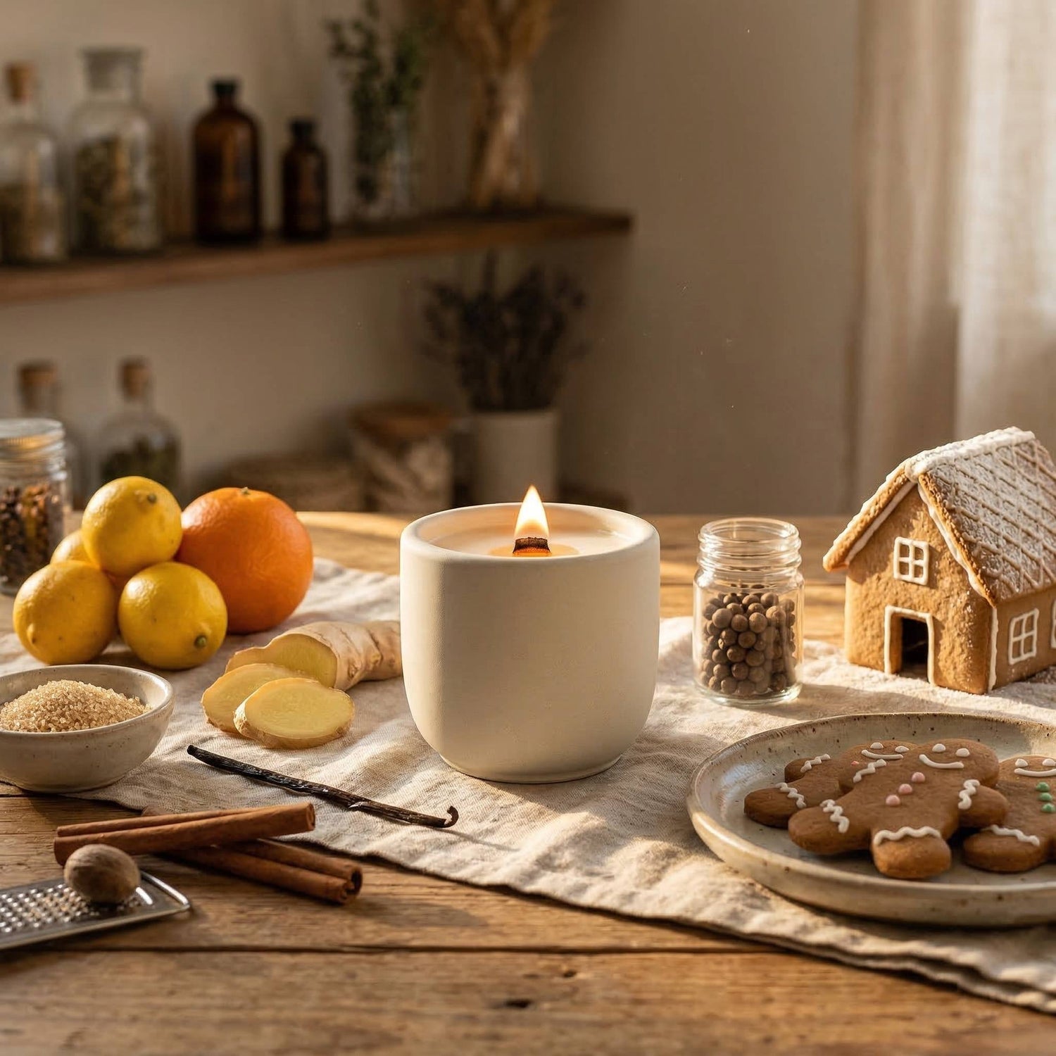 ginger snap scented candle with a crackling wood wick in concrete jar lemon ginger scented candle ginger cookie scented candle