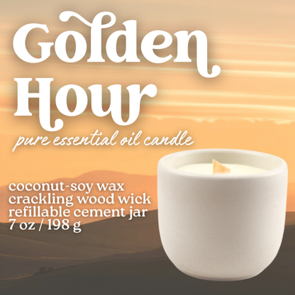 golden hour coconut soy wax essential oil scented candle with crackling wood wick 