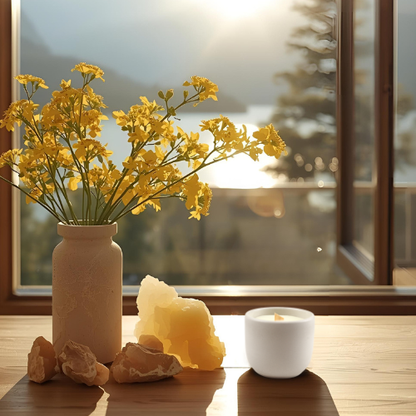 golden hour coconut soy wax essential oil scented candle with crackling wood wick, side view on table
