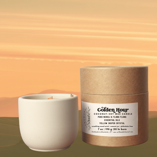 golden hour coconut soy wax essential oil scented candle with crackling wood wick, side view with packaging