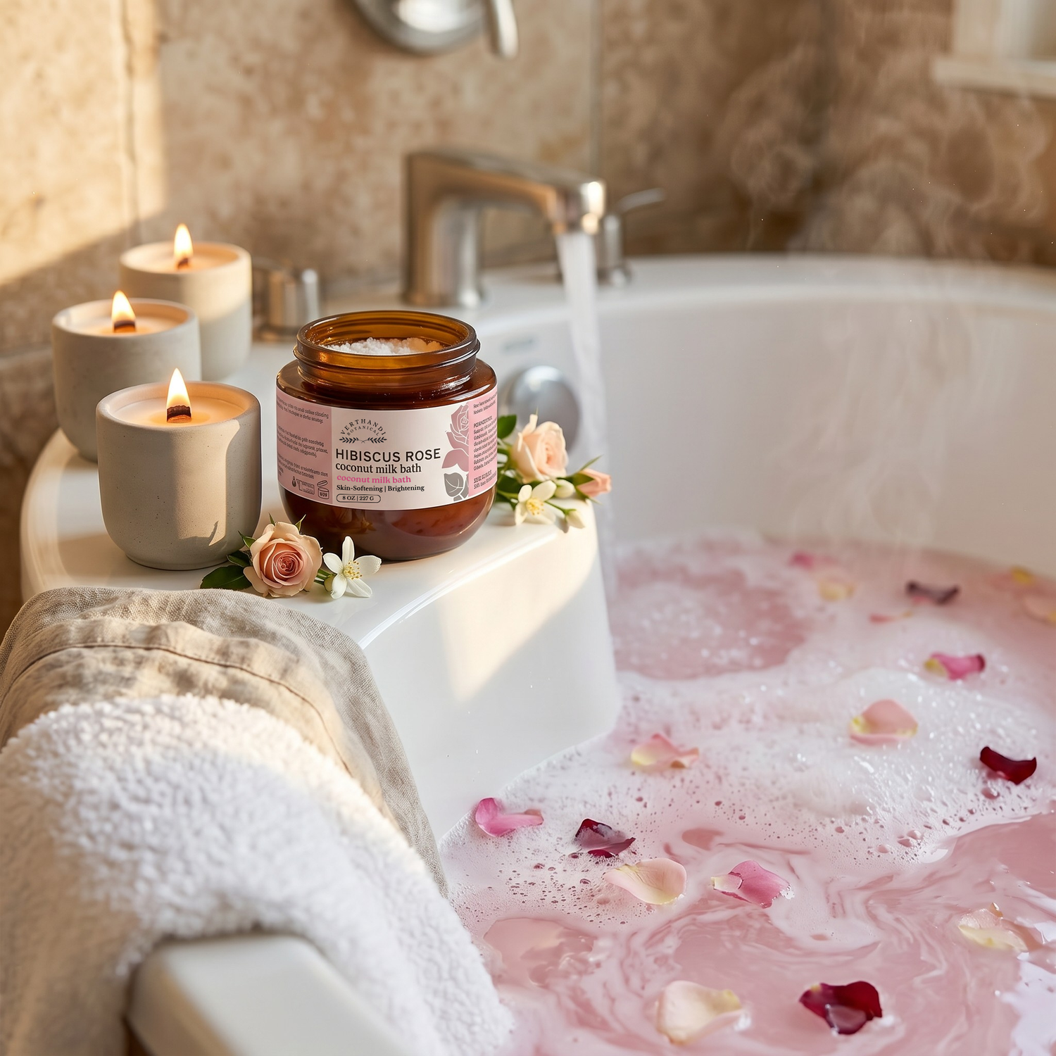 Hibiscus Rose Foaming Coconut Milk Bath by Verthandi Botanical with creamy pink bath water
