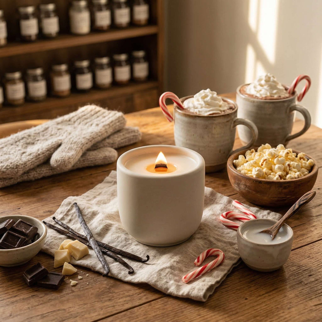 frozen hot cocoa scented candle with crackling wood wick, chocolate peppermint, coconut scented candle