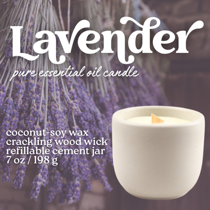 lavender essential oil candle with coconut soy wax, a crackling wood wick, in a concrete jar and a clear quartz crystal