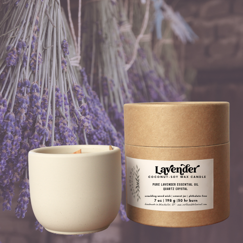 lavender essential oil candle with coconut soy wax, a crackling wood wick, in a concrete jar and a quartz crystal, side view of packaging