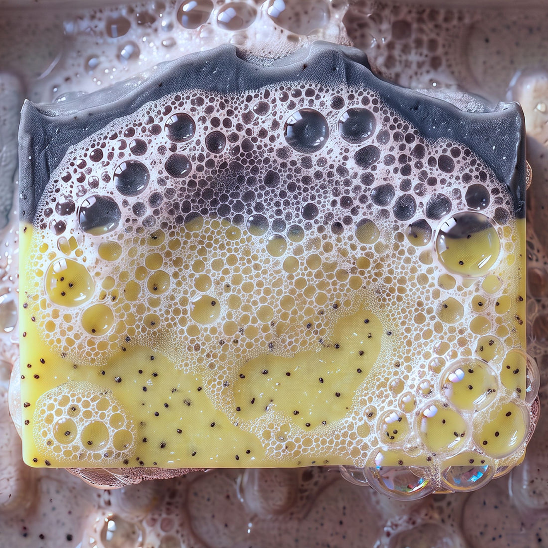 Lemon Poppy Natural Soap made with activated charcoal and scented with pure essential oils with suds