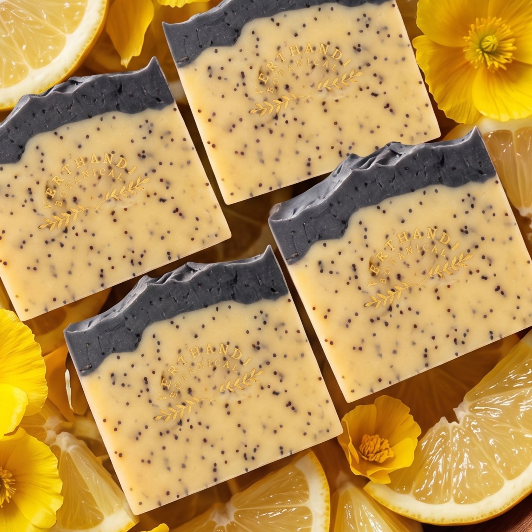 lemon poppy natural soap bars made with activated bamboo charcoal and scented with pure essential oils in a bowl of lemon wedges and poppy flowers