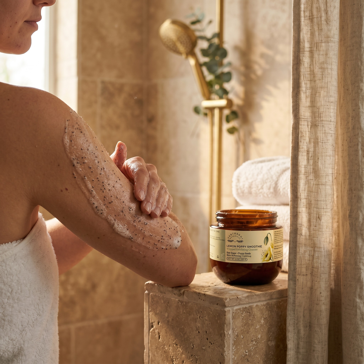 Lemon Poppy Sugar Scrub by Verthandi Botanical is a  Whipped exfoliating cleanser being applied to rough skin