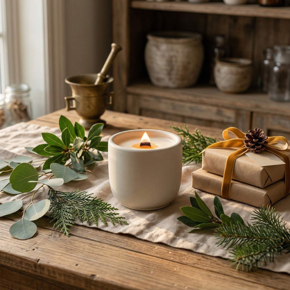 merry and bright scented candle with crackling wood wick in concrete jar, rosemary and sage scented candle lifestyle