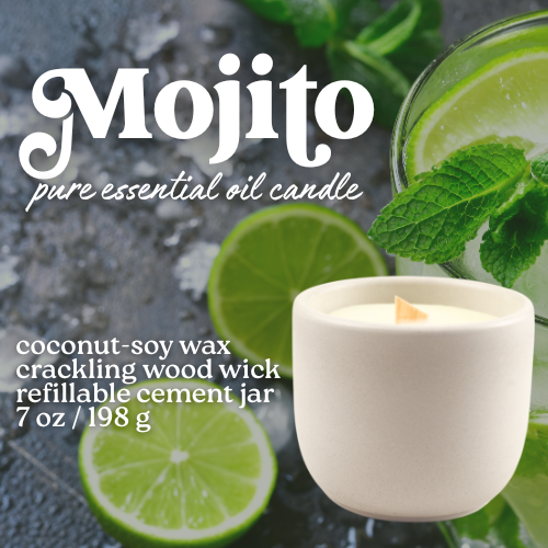 mojito coconut soy scented candle with pure essential oils, a crackling wood wick in a concrete jar