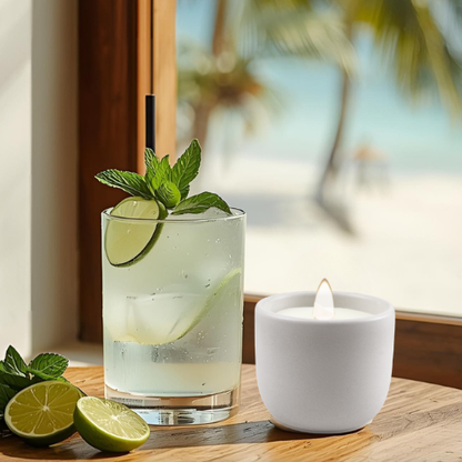 mojito coconut soy scented candle with pure essential oils, a crackling wood wick in a concrete jar, side view on table 