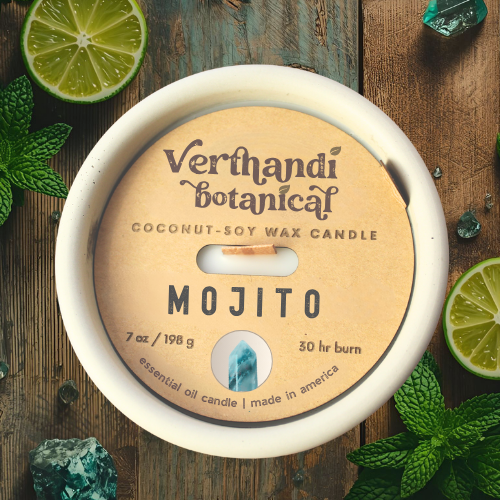 mojito coconut soy scented candle with pure essential oils, a crackling wood wick in a concrete jar, top view of dust cover and aventurine crystal