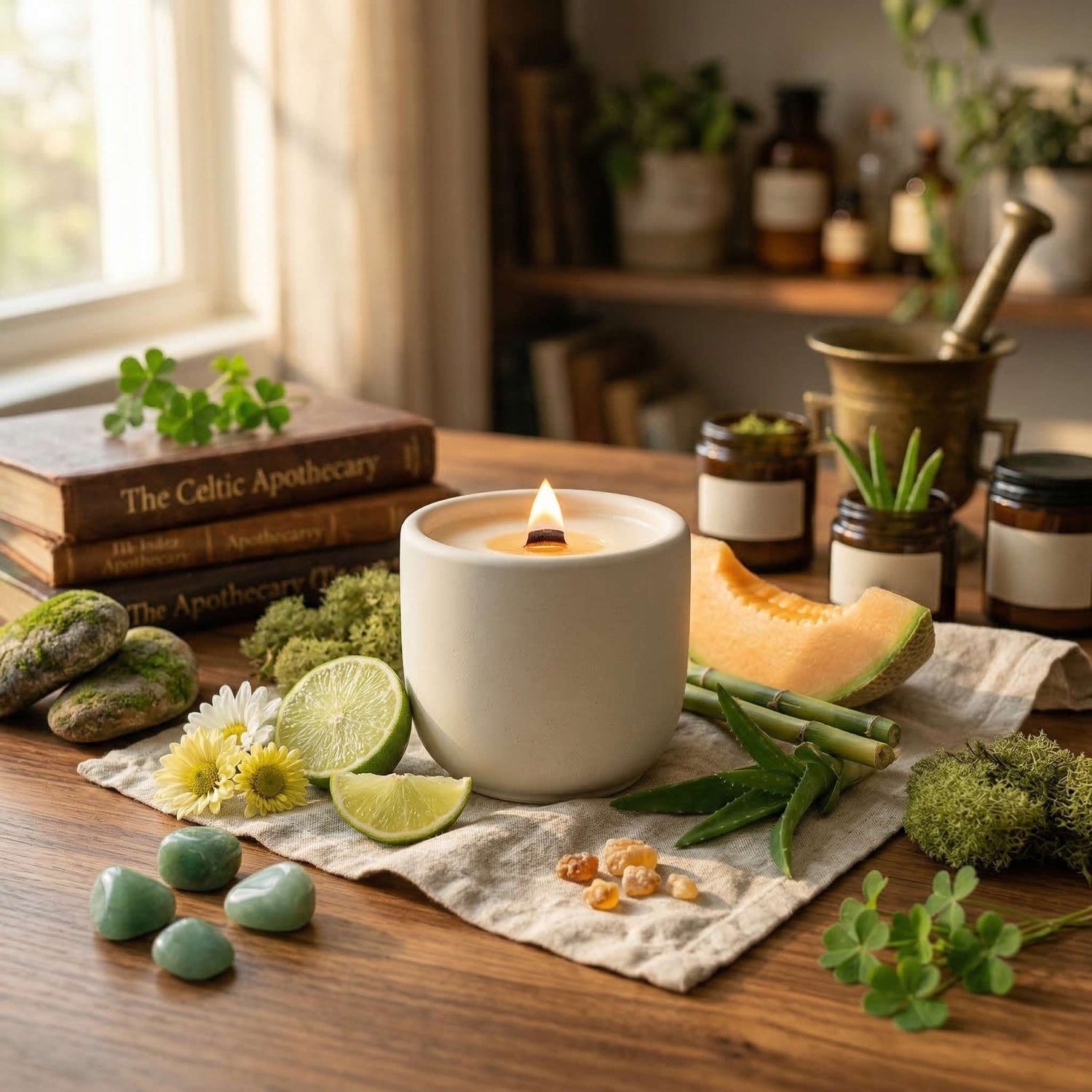 moss and meadow scented candle, coconut soy wax, wood wick, lifestyle