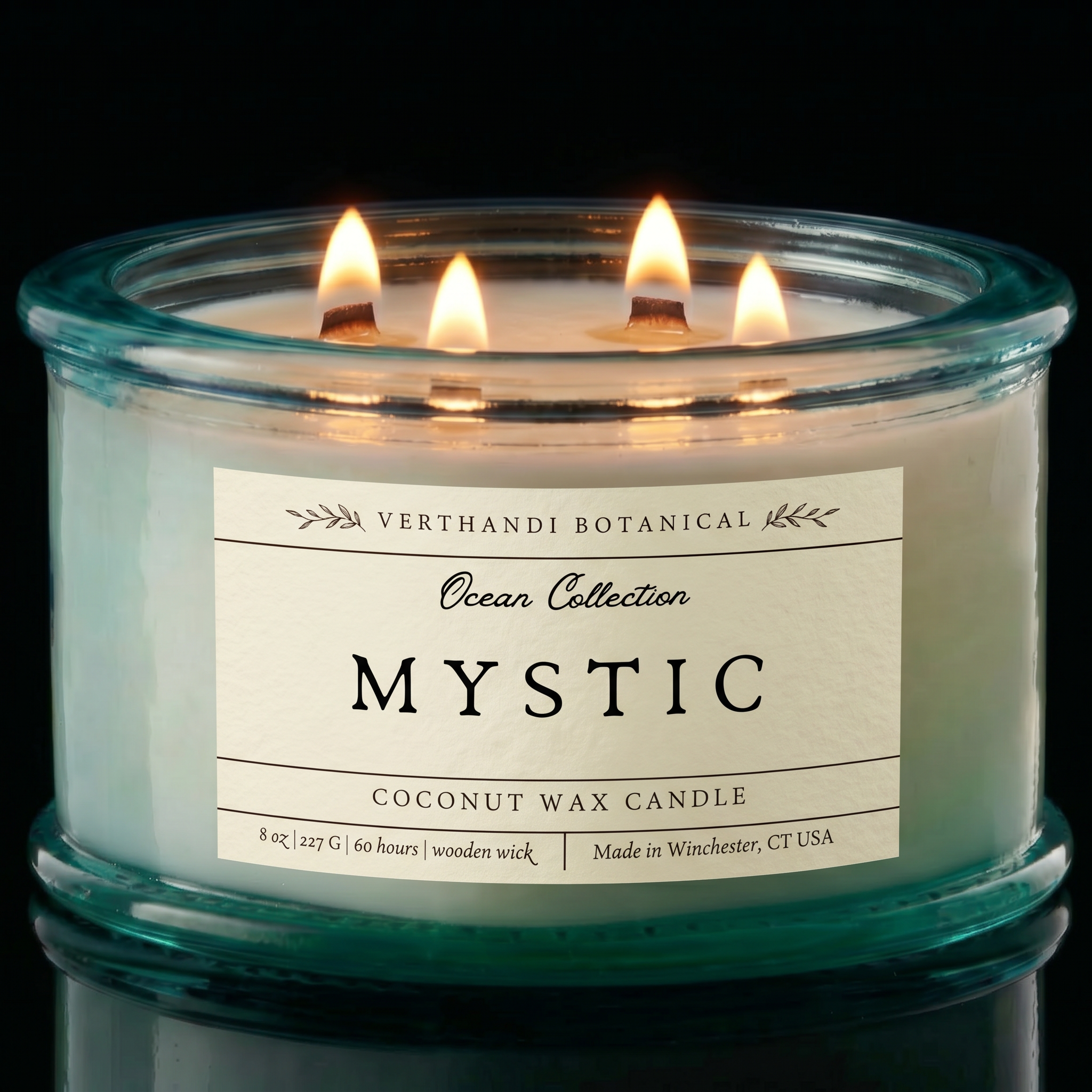 Ocean Collection, Mystic scented candle with crackling wood wick in recycled glass  jar