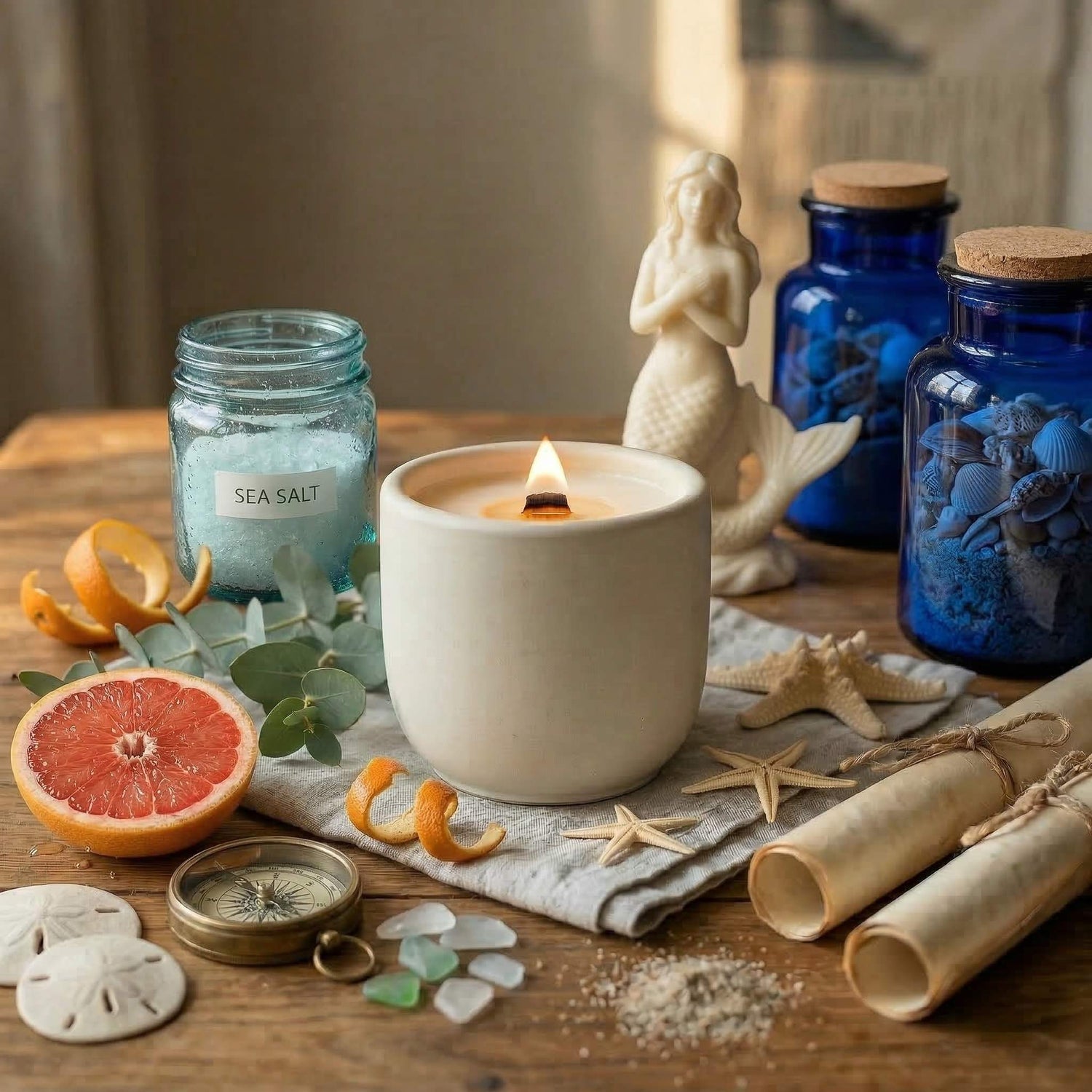 Mystic scented candle with a crackling wood wick in a concrete jar  - lifestyle