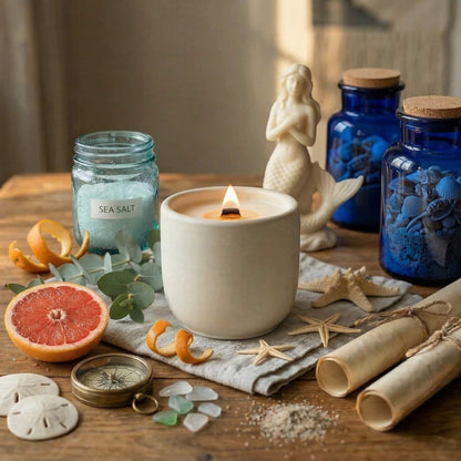 Mystic scented candle with a crackling wood wick in a concrete jar  - lifestyle