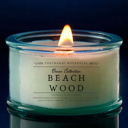 Ocean Collection, beach wood scened candle with crackling wood wick in recycled glass  jar