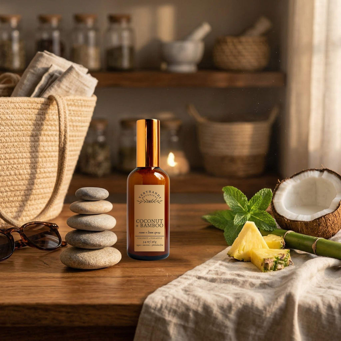 A lifestyle image of our coconut, pineapple, and bamboo scented room and linen spray part of Verthandi Botanical&