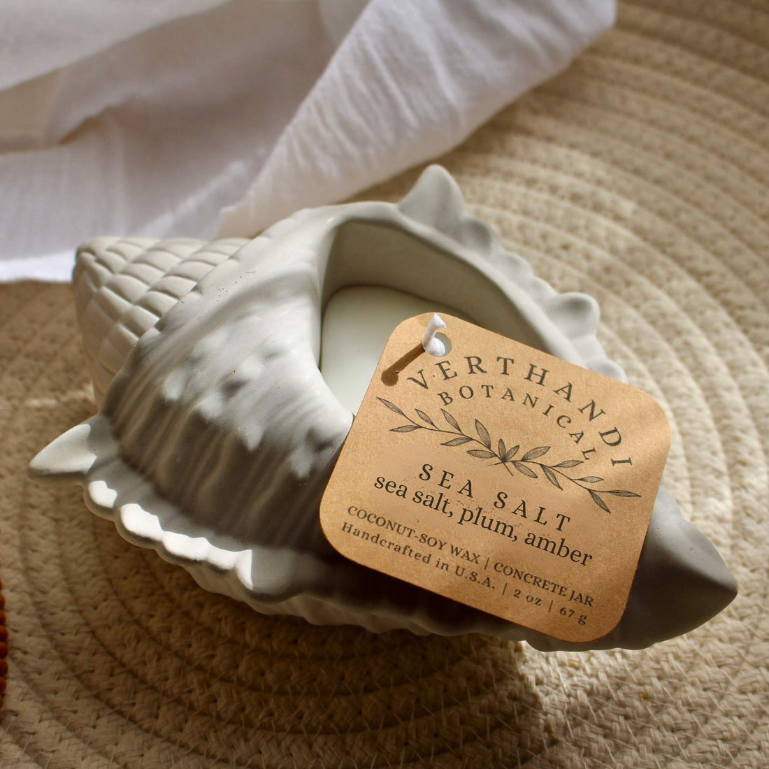 sea salt scented candle in concrete conch shell with cotton wick and coconut wax