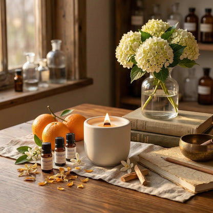 orange blossom scented candle with coconut soy wax and crackling wood wick in cement jar, lifestyle