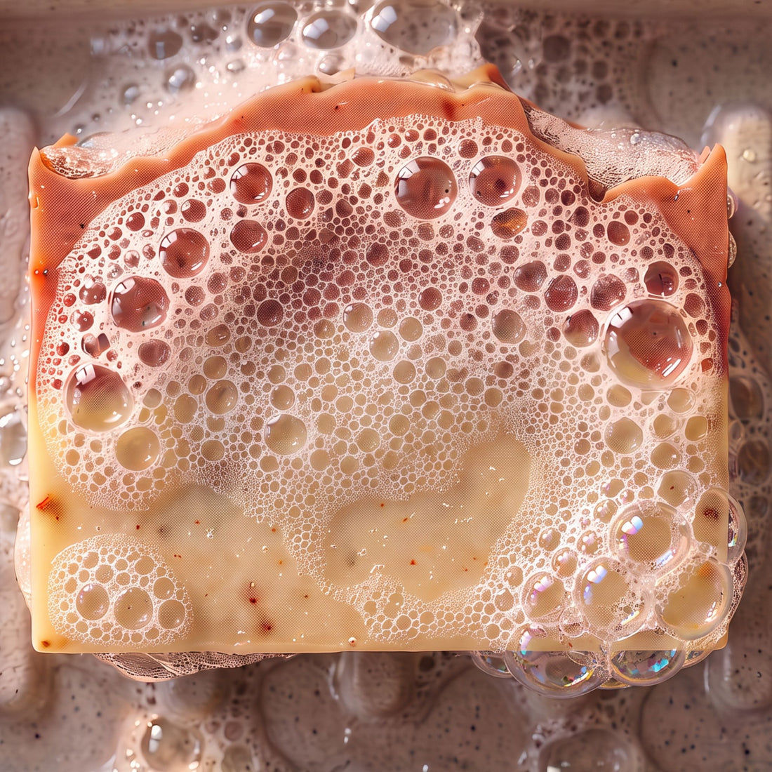 Orange Patchouli natural soap bar scented with pure essential oils  and made with French clay in a soap dish with bubbles. 