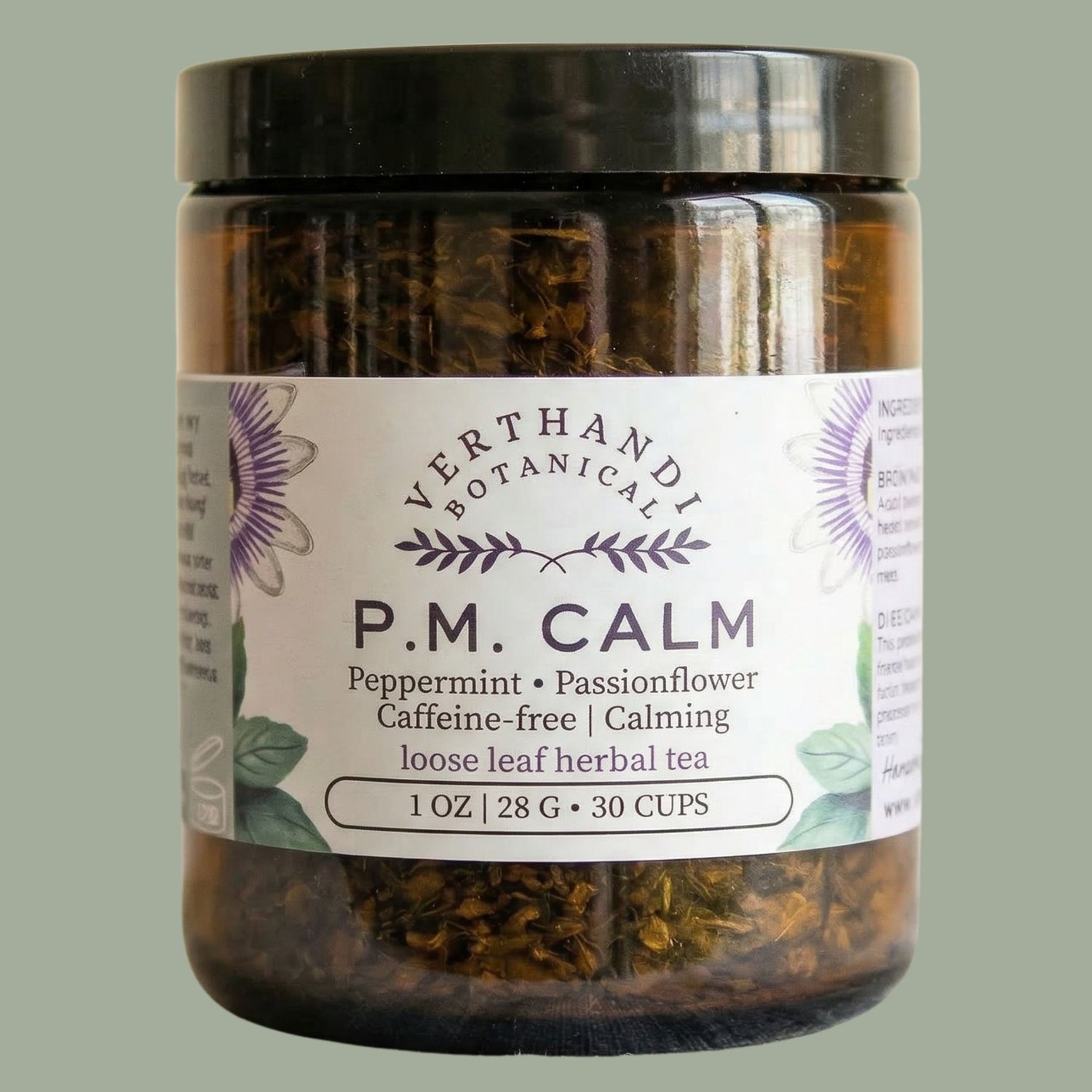 p.m. calm loose leaf herbal tea for anxiety with peppermint passionflower and lemonbalm verthandi botanical soft