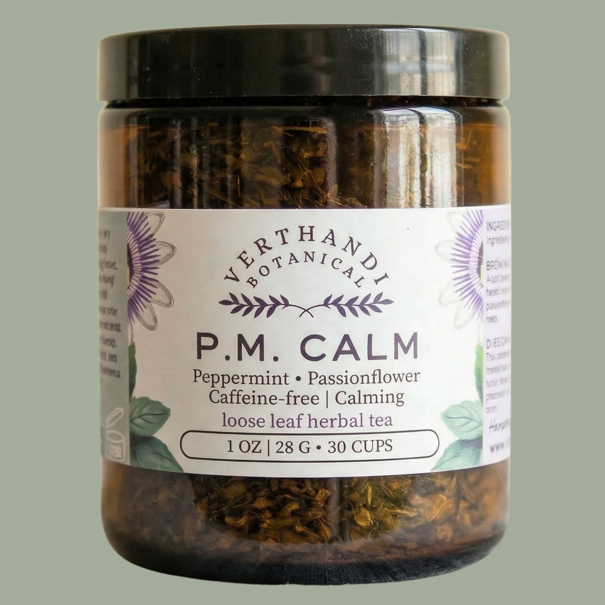 p.m. calm loose leaf herbal tea for anxiety with peppermint passionflower and lemonbalm verthandi botanical soft