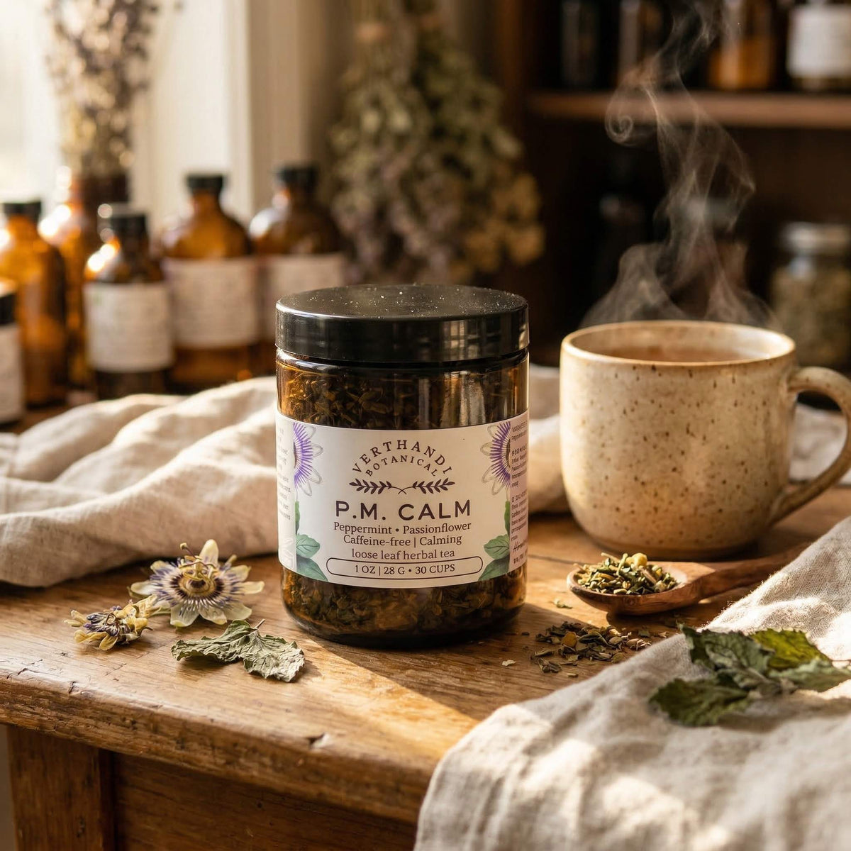 P.M. Calm loose leaf herbal tea for the evening, with peppermint, passionflower, and lemon balm, by Verthandi BotanicaL - lifestyle