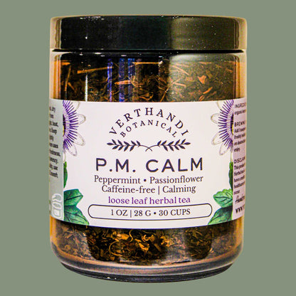 p.m. calm loose leaf herbal tea for anxiety with peppermint passionflower and lemonbalm verthandi botanical