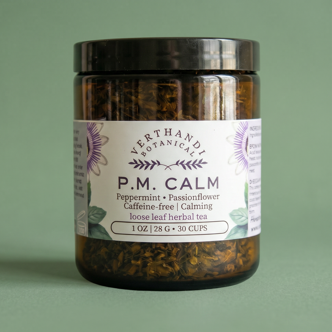 p.m. calm loose leaf herbal tea for anxiety with peppermint passionflower and lemon balm by verthandi botanical