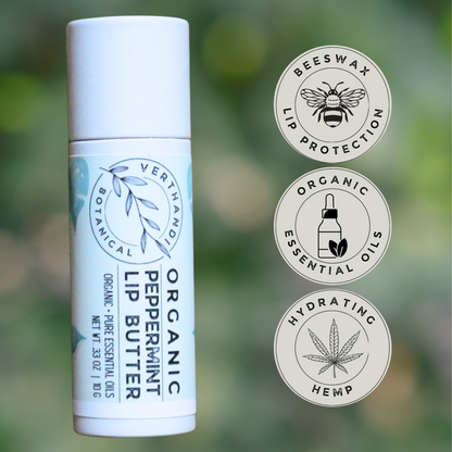 peppermint lip butter organic hydrating lip butter from verthandi botanical in a Kraft paper tube