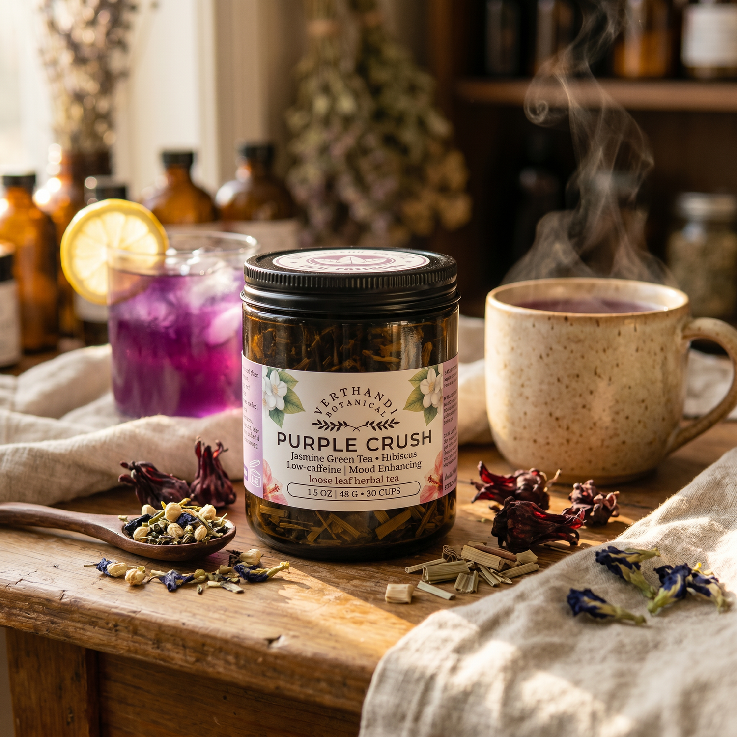 Purple Crush Loose Leaf Tea by Verthandi Botanical showing hot and iced