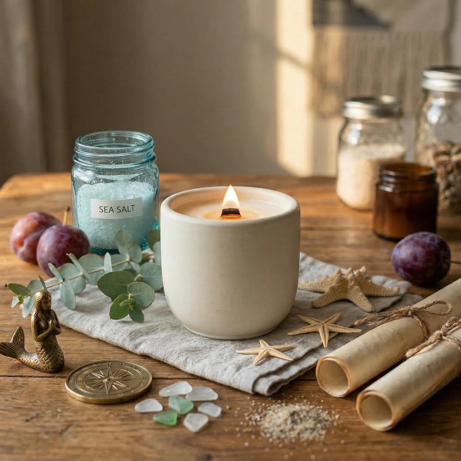 Sea salt scented candle with crackling wood wick in concrete jar - lifestyle