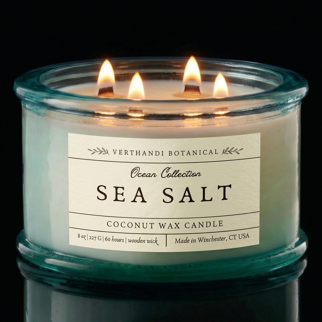 Sea Salt Scented Candle with coconut wax and a crackling wood wick in thick recycled glass part of Verthandi Botanical&