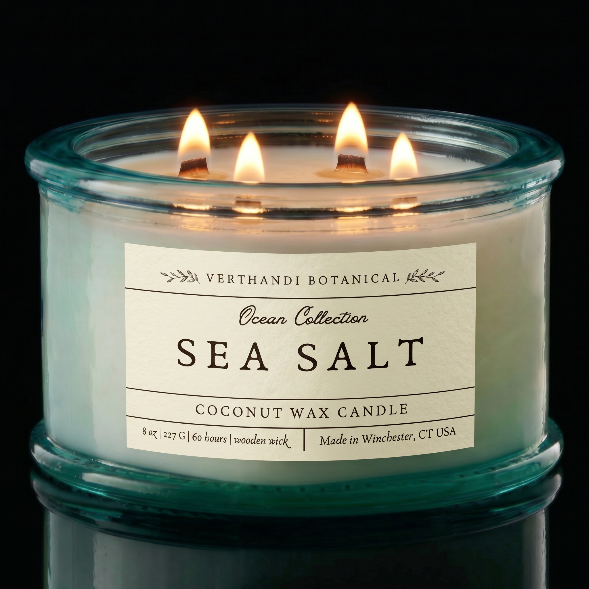 Sea Salt Scented Candle with coconut wax and a crackling wood wick in thick recycled glass part of Verthandi Botanical&