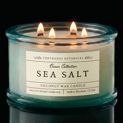 Sea Salt Scented Candle with coconut wax and a crackling wood wick in thick recycled glass part of Verthandi Botanical&