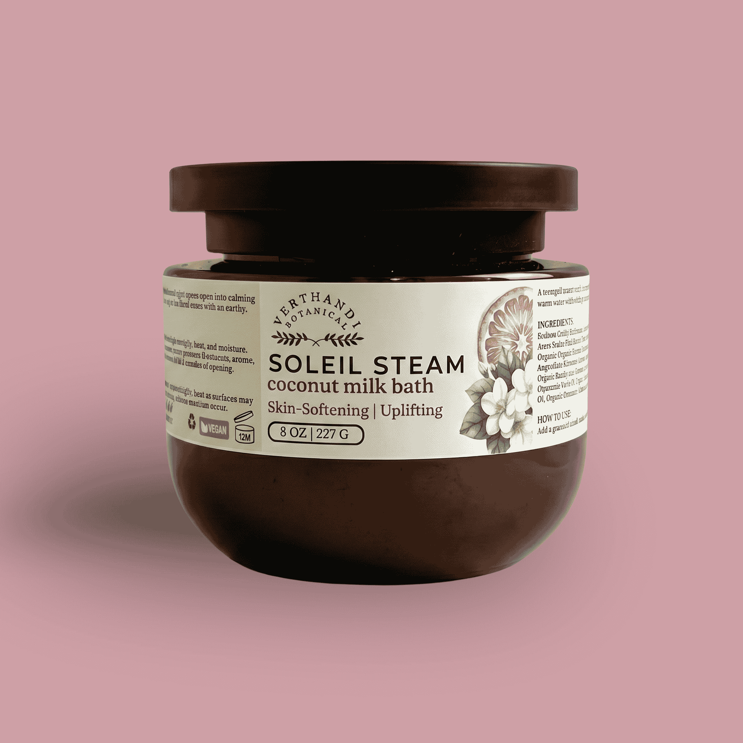 Soleil Steam foaming milk bath with coconut milk, hibiscus, and rose petals.