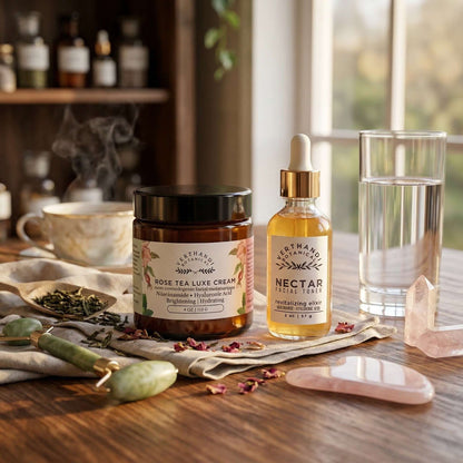 Botanical skincare duo styled with natural elements for a calming self-care ritual
