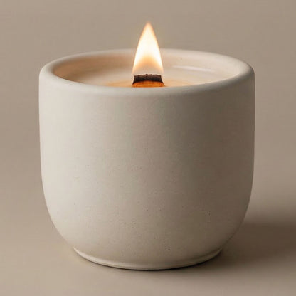 coconut wax scented candle with crackling wood wick in refillable concrete jar