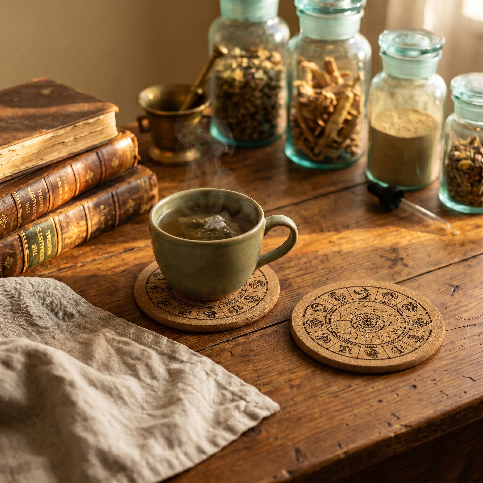 Zodiac Natural Cork Coaster by Verthandi Botanical lifestyle pic